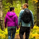 Ein Paar wandert durch den bunten Herbstwald im Prince Albert National Park.